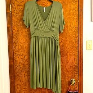 V-neckline Dress in Sage Green With Stylish Wrap Effect, 100% Viscose